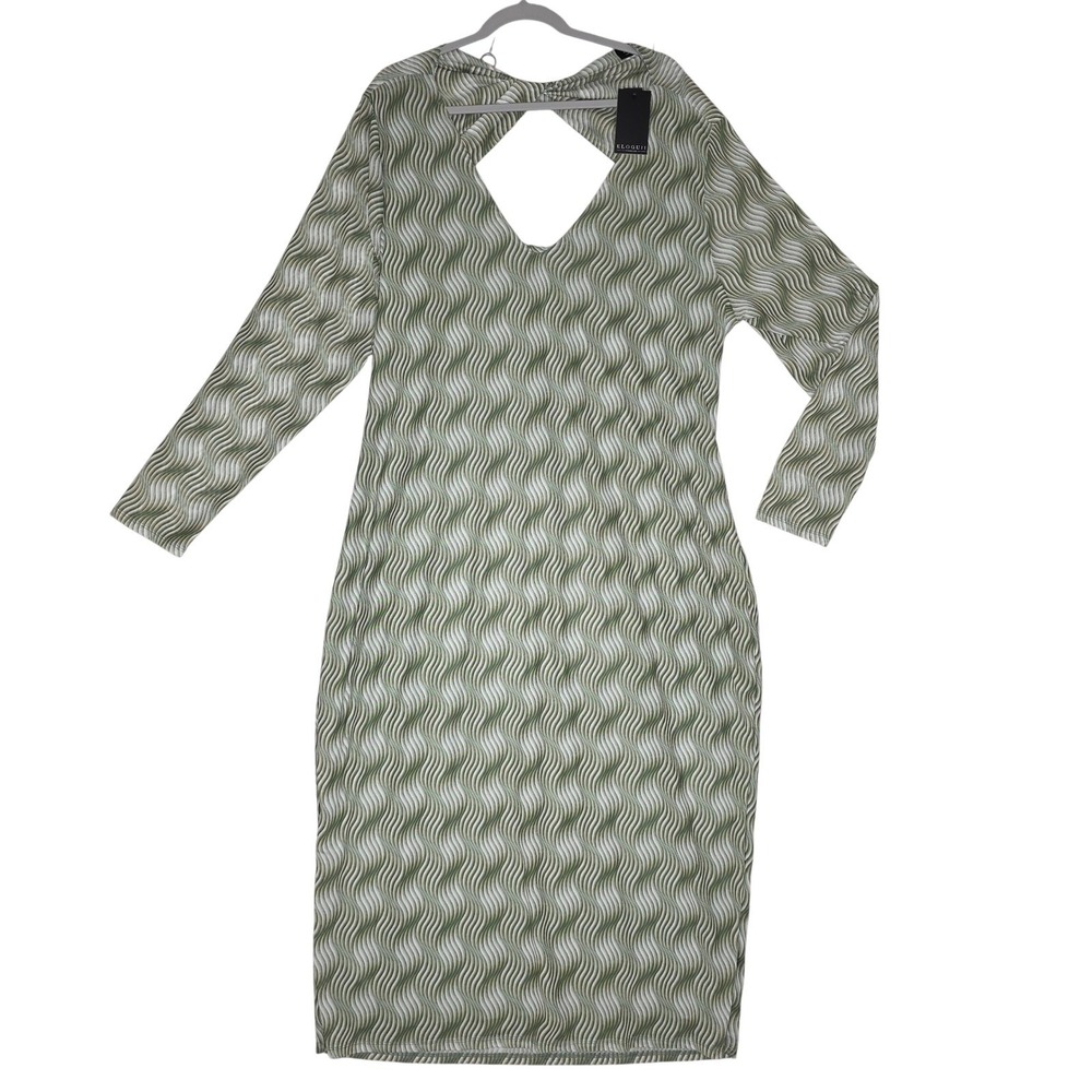ELOQUII NWT Sz26 OliveGreen WhiteSwirlPrint CutoutBack LongSleeve MidiDress